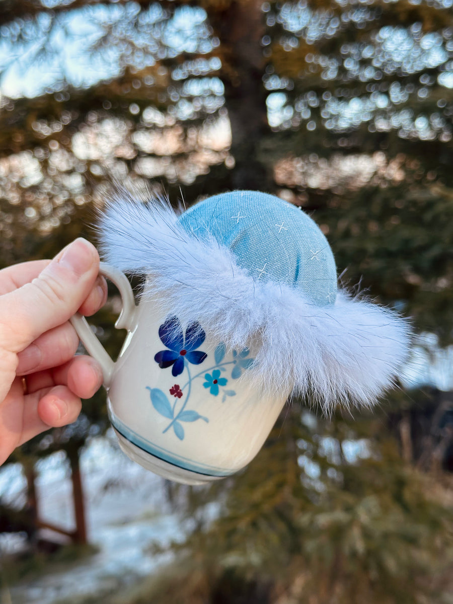 Vintage Blue Floral Teacup Pincushion - Blue Fox Fur