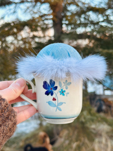 Vintage Blue Floral Teacup Pincushion - Blue Fox Fur