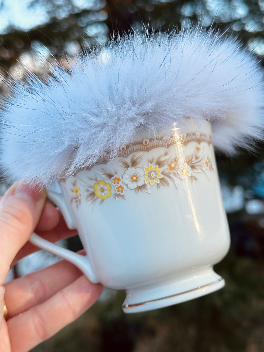 Vintage Daisy Teacup Pincushion - Blue Fox Fur