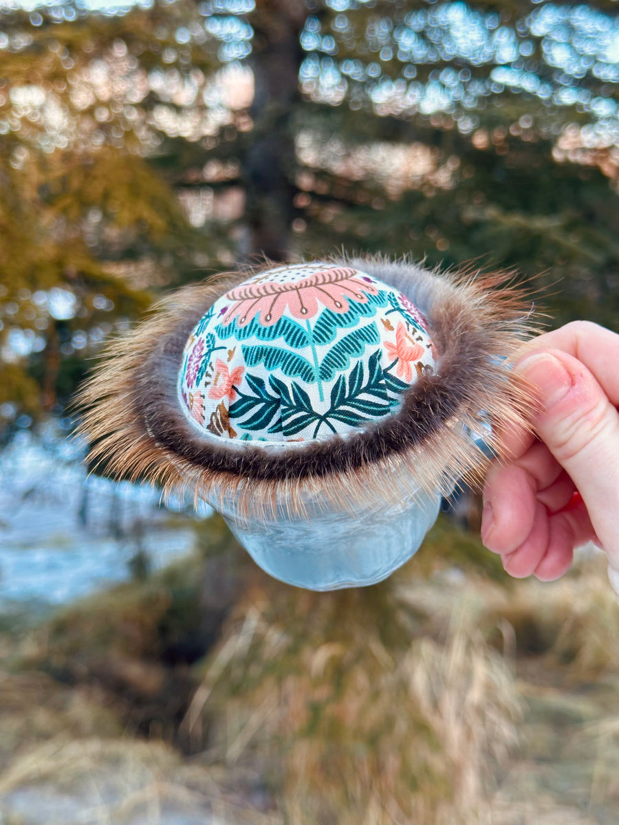 Vintage Folk Flower Teacup Pincushion - Beaver Fur