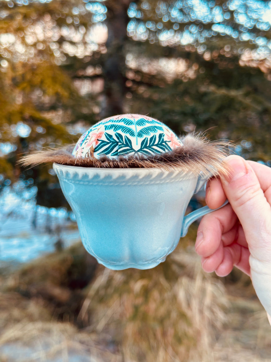 Vintage Folk Flower Teacup Pincushion - Beaver Fur