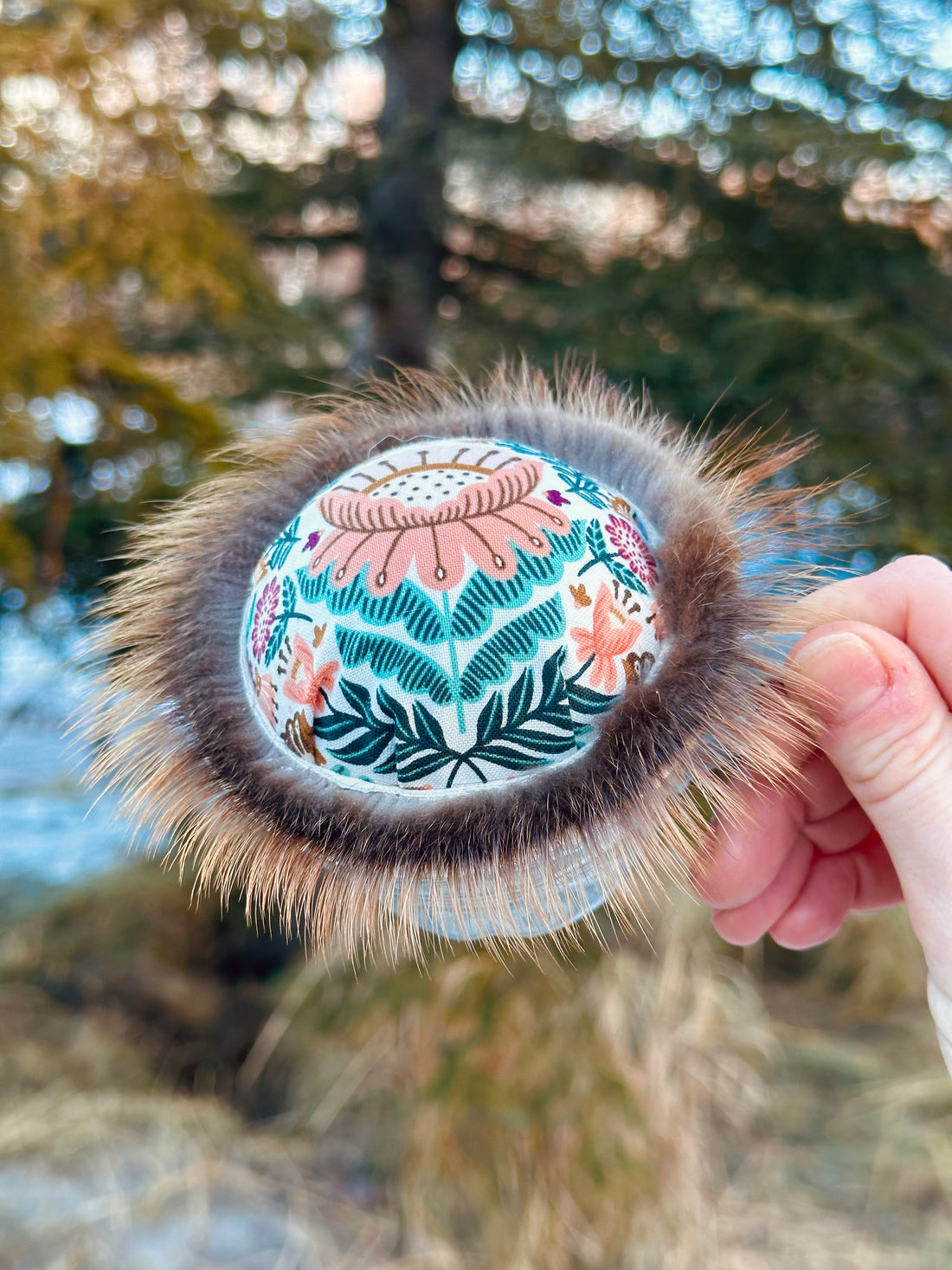 Vintage Folk Flower Teacup Pincushion - Beaver Fur