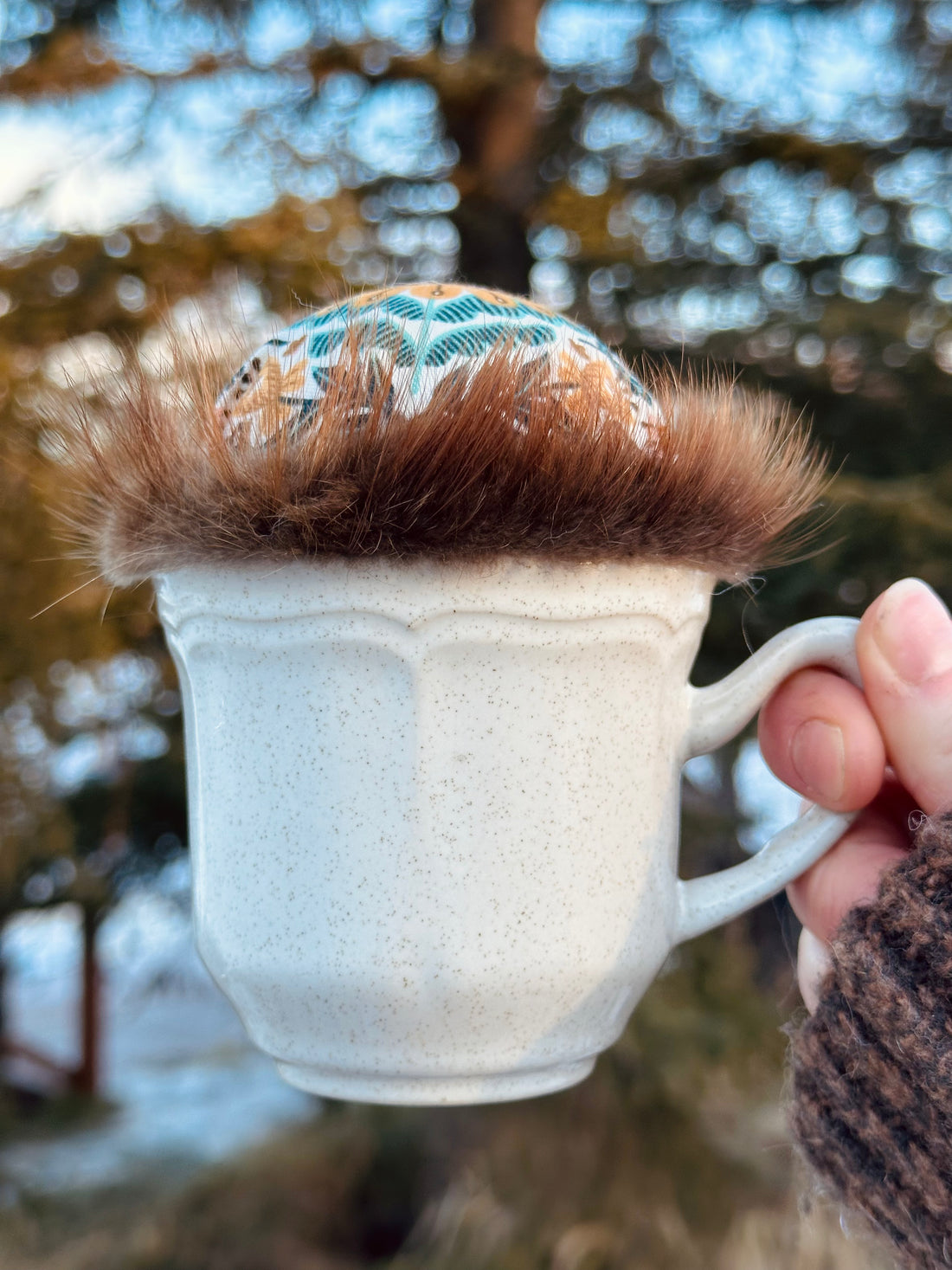 Mustard Folk Flower Teacup Pincushion - Beaver Fur