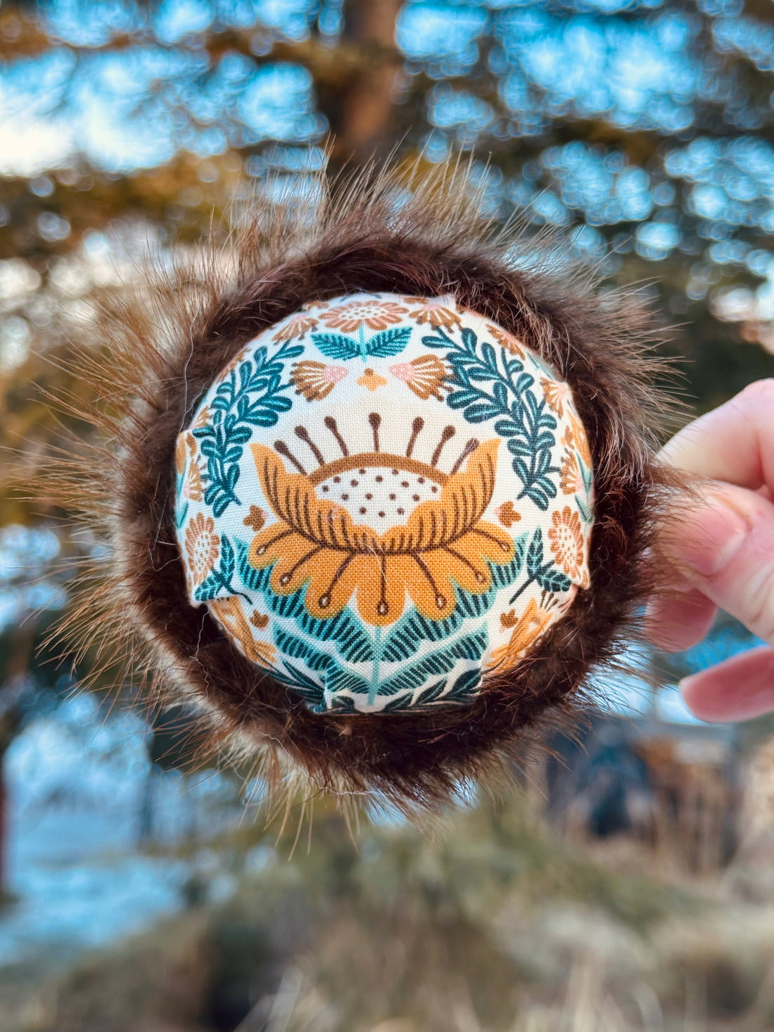 Mustard Folk Flower Teacup Pincushion - Beaver Fur