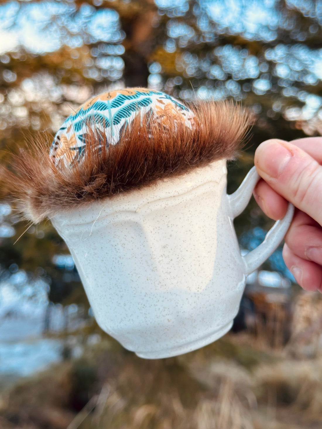 Mustard Folk Flower Teacup Pincushion - Beaver Fur