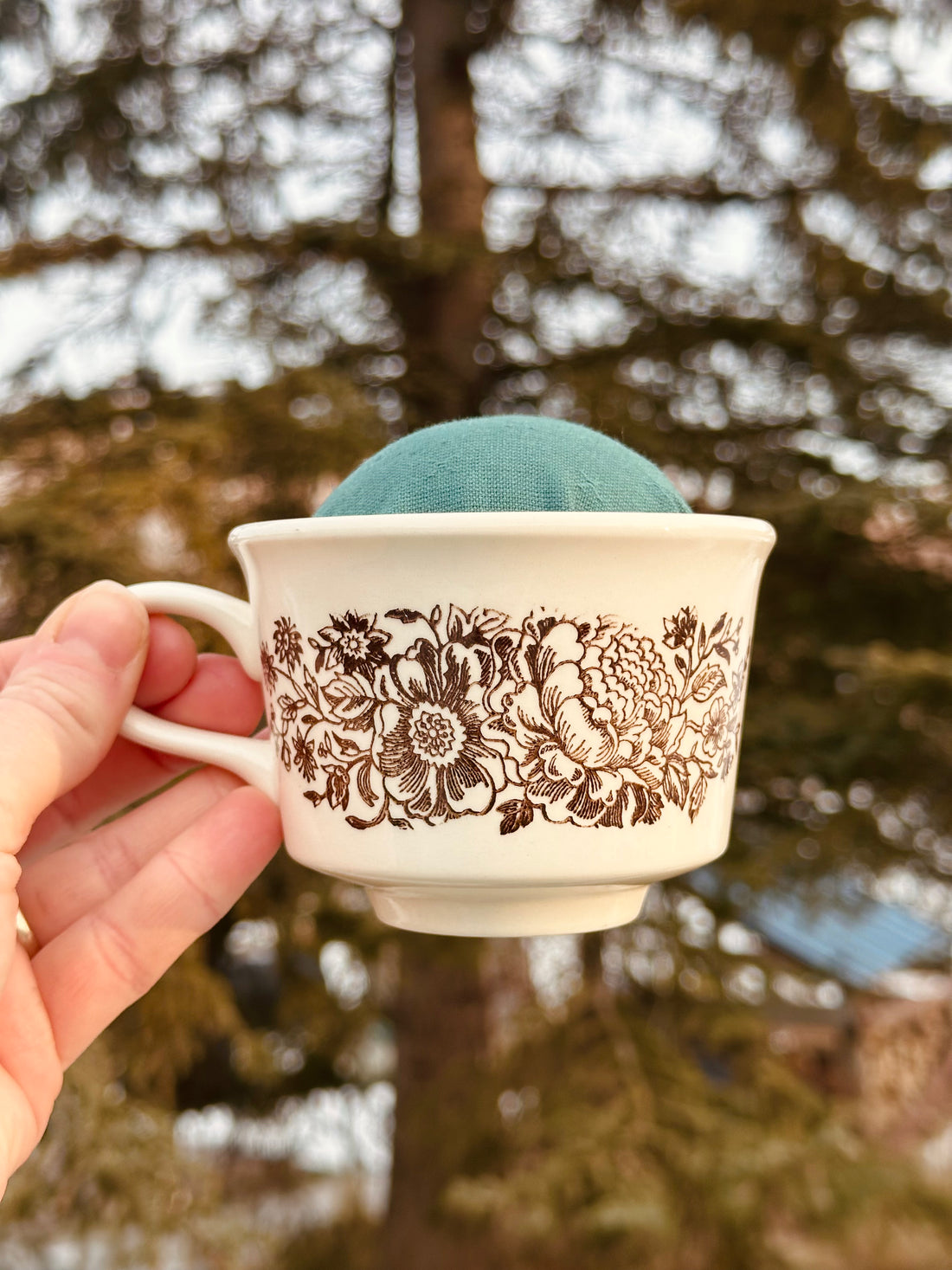 Vintage Peony Teacup Pincushion